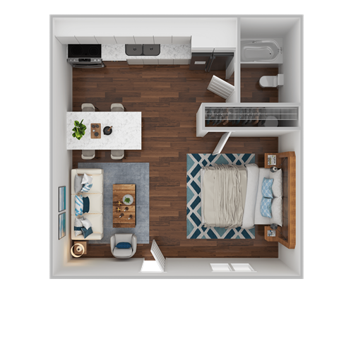 a 3d drawing of a bedroom with a living room and a bathroom
